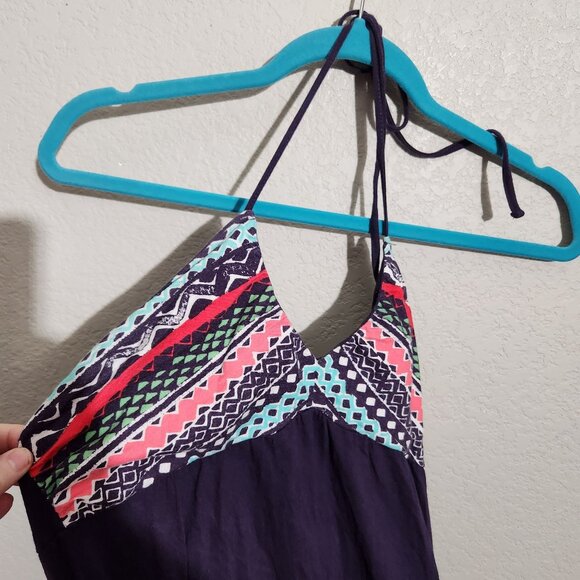 Womens Halter-Style Summer Dress With Geometric Patterned Top & Solid Navy Skirt - Picture 2 of 11